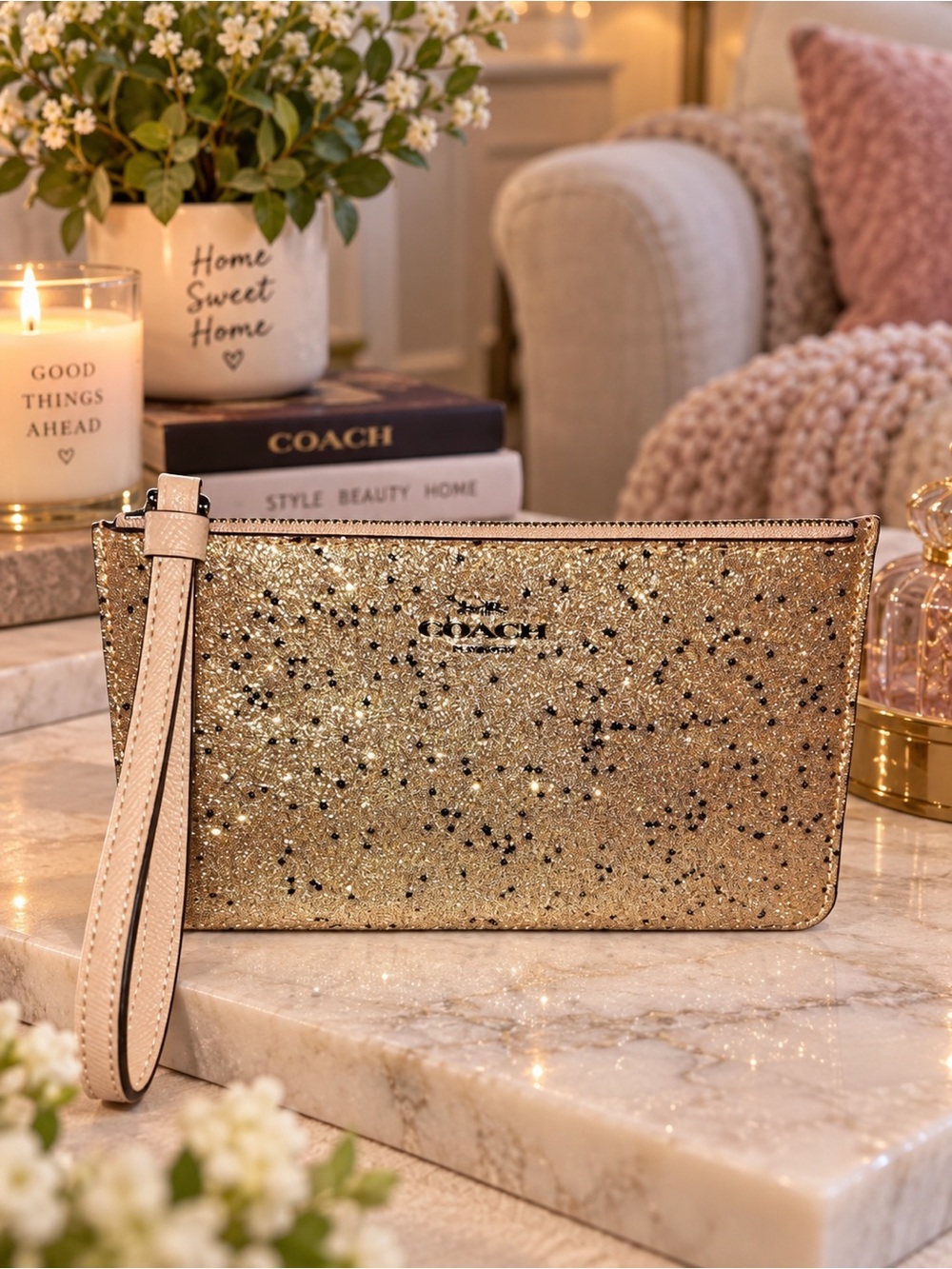 Coach Gold & Black Star Glitter Leather Wristlet NWOT